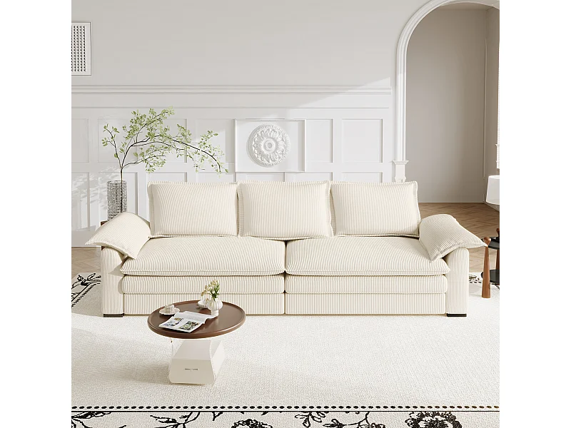 Sofa 3-sitzig in Rippvelours, mit 2 Armlehnkissen, abnehmbar und waschbar, 265x86x88cm, Beige
