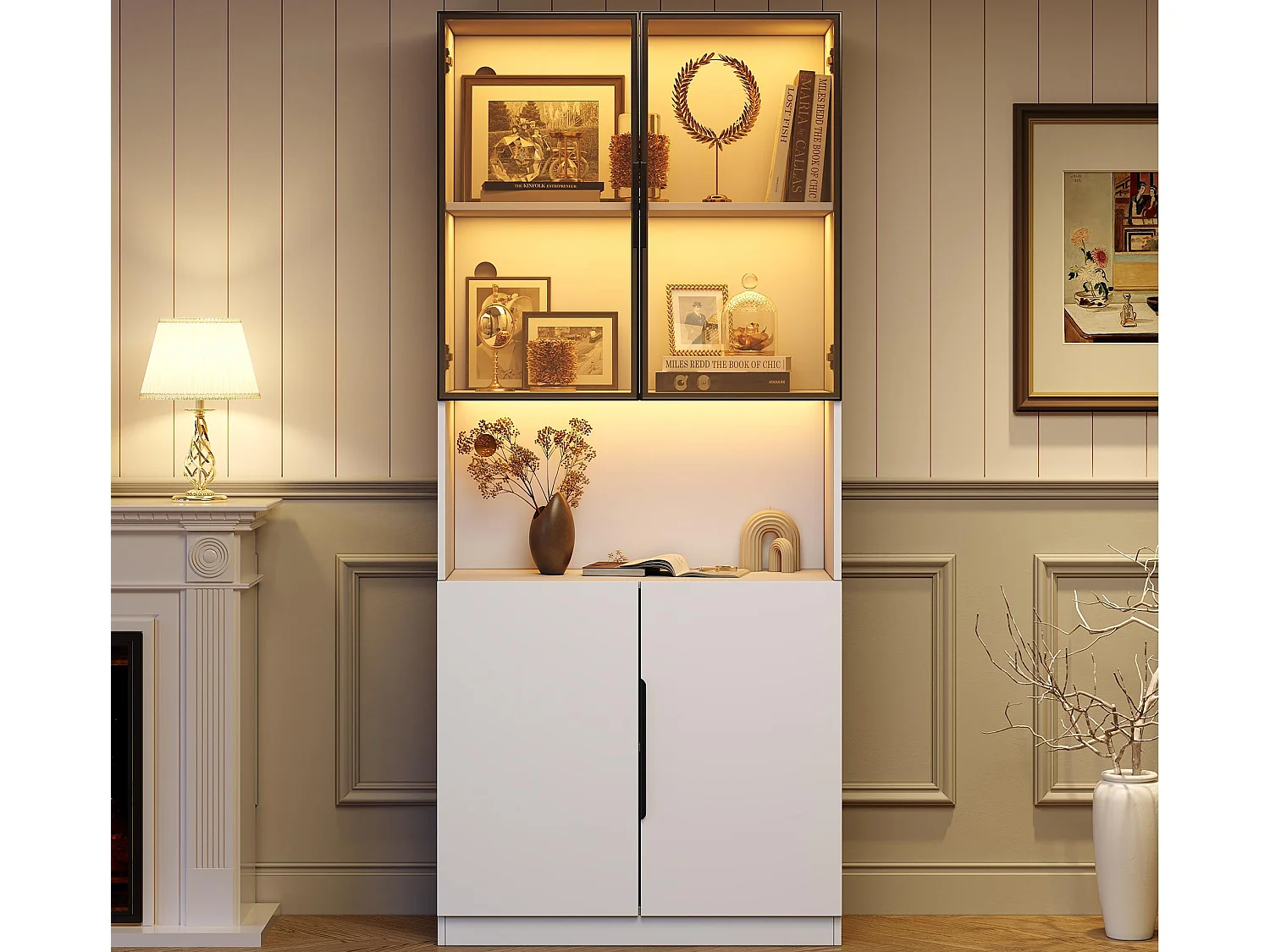 Moderne Vitrine 80x30x200 cm - LED-Beleuchtung - 4 Türen - Höhenverstellbare Regalböden - Spanplatten - Weiß