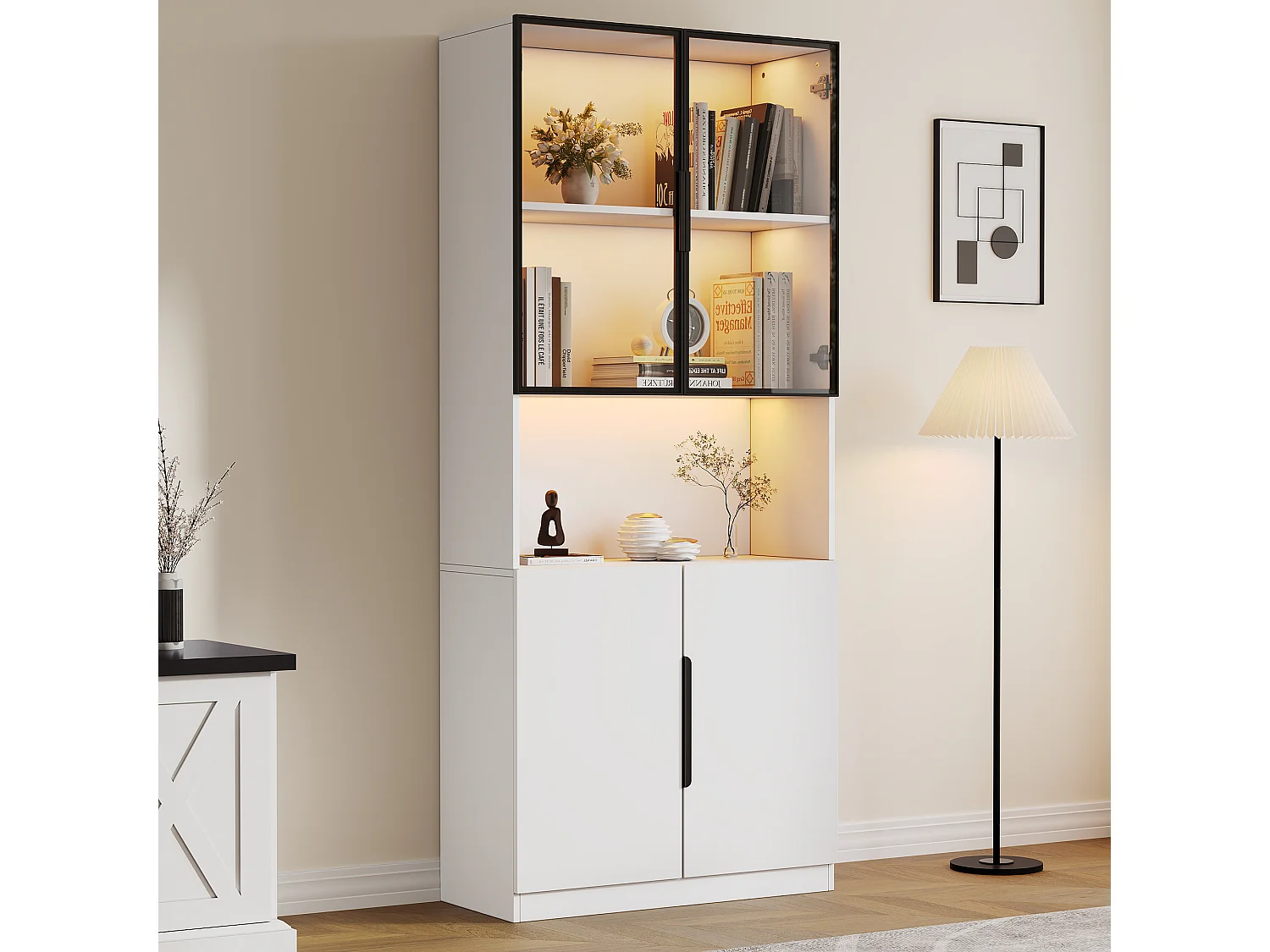 Moderne Vitrine 80x30x200 cm - LED-Beleuchtung - 4 Türen - Höhenverstellbare Regalböden - Spanplatten - Weiß