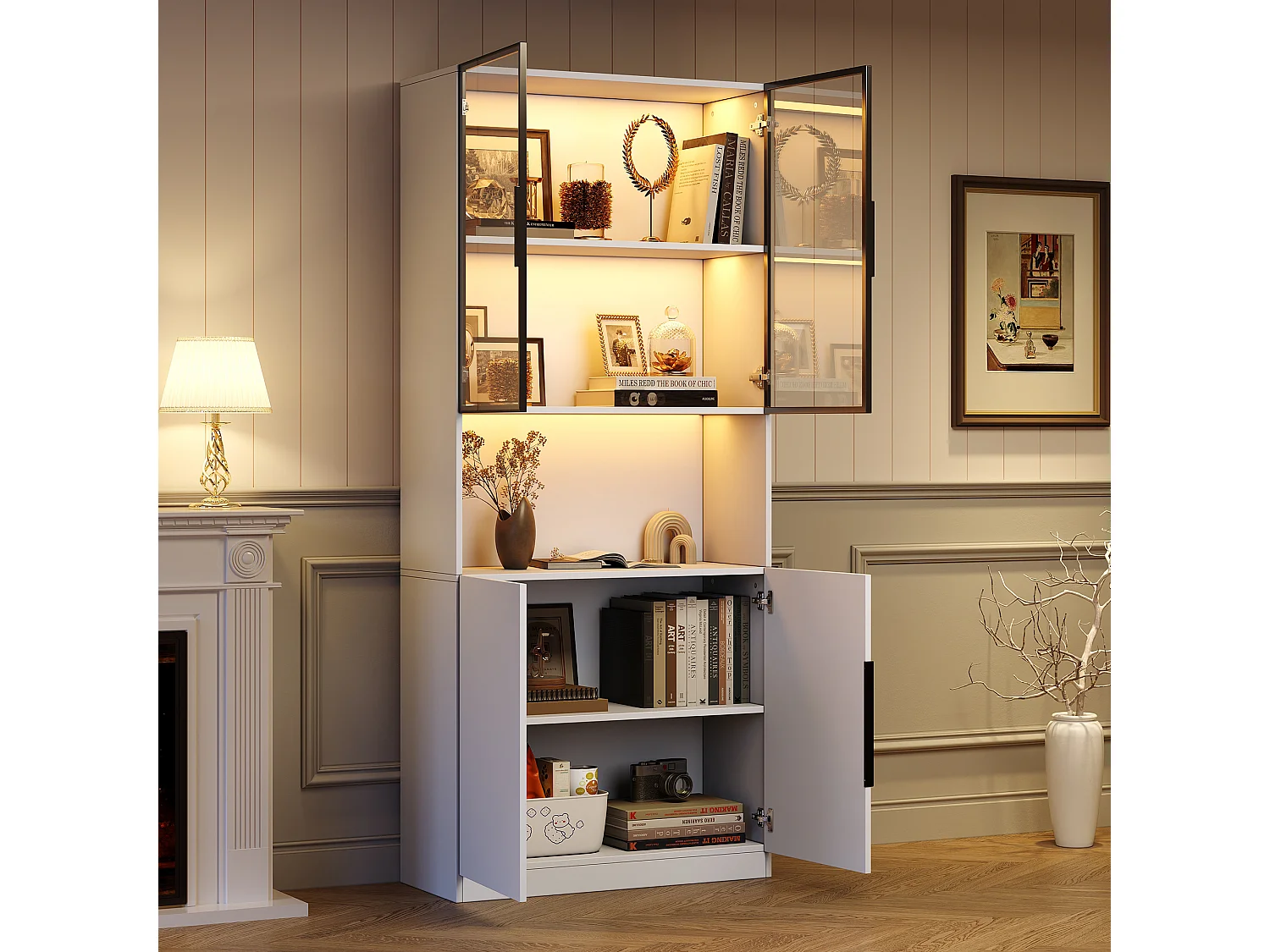 Moderne Vitrine 80x30x200 cm - LED-Beleuchtung - 4 Türen - Höhenverstellbare Regalböden - Spanplatten - Weiß