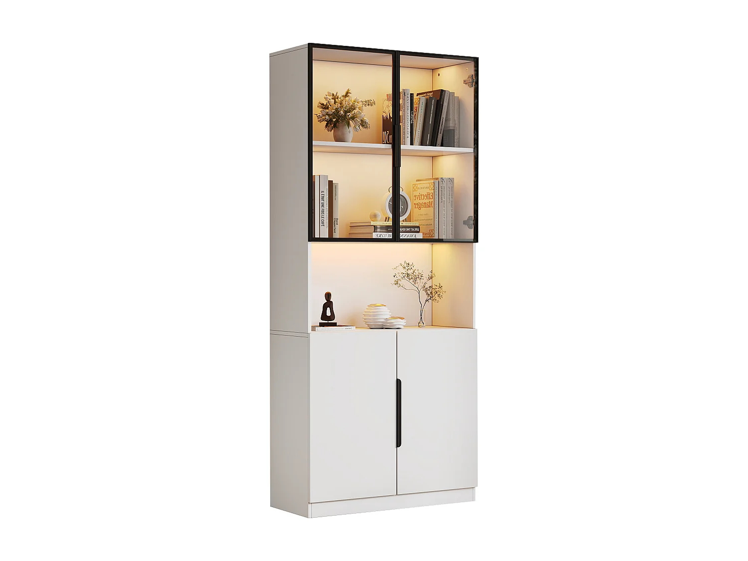 Moderne Vitrine 80x30x200 cm - LED-Beleuchtung - 4 Türen - Höhenverstellbare Regalböden - Spanplatten - Weiß