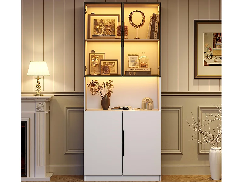 Vetrina moderna 80x30x200 cm - Illuminazione LED - 4 ante - Ripiani regolabili - Pannelli di particelle - Bianco