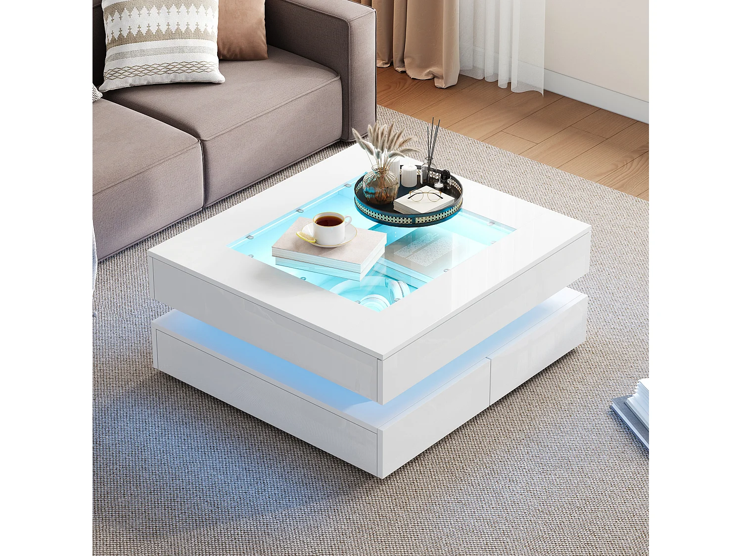 Couchtisch 70x70x35 cm - mit LED-Beleuchtung - 3 Schubladen - Glasplatte - Hochglanzlackierung - Weiß