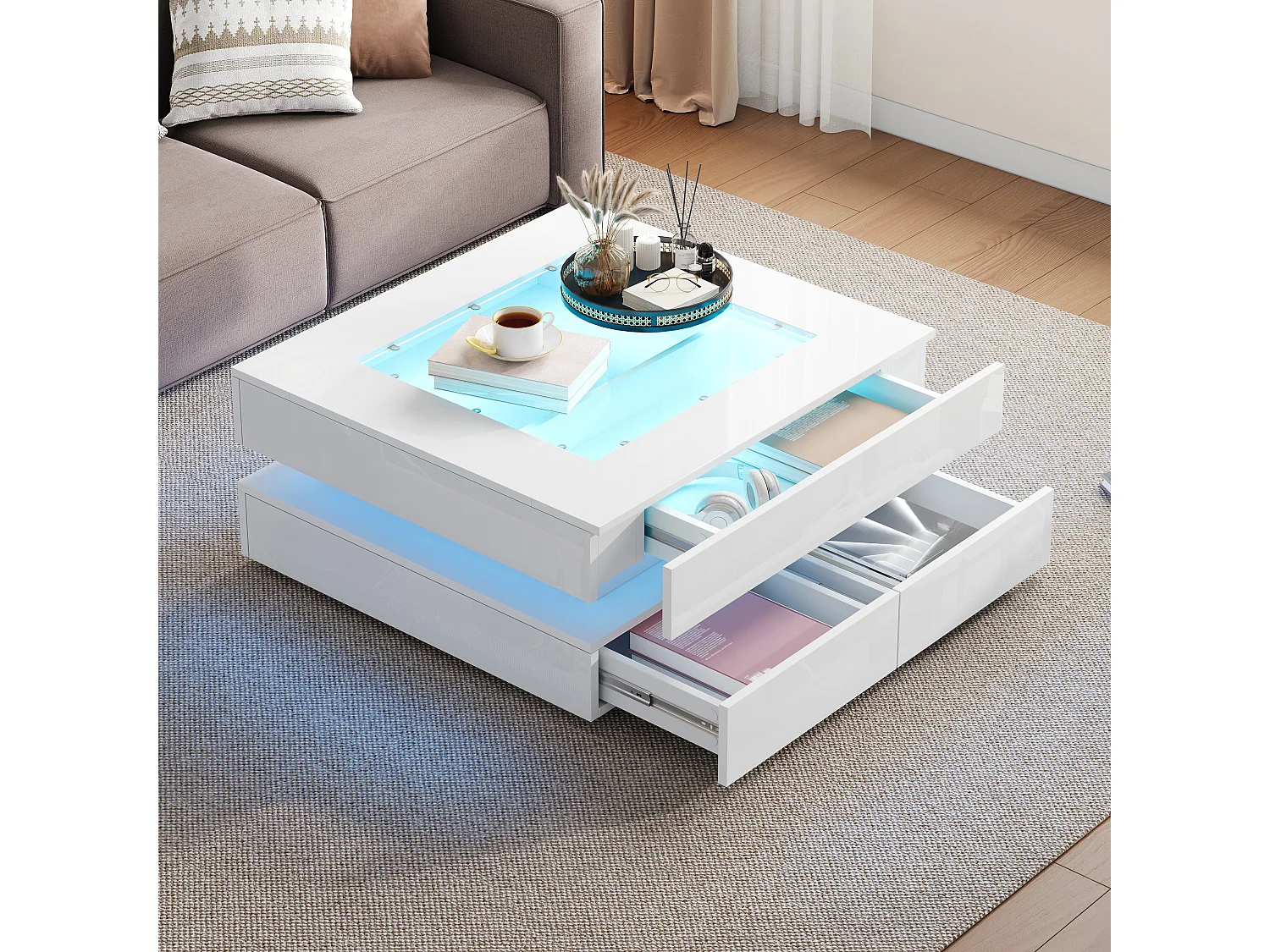 Couchtisch 70x70x35 cm - mit LED-Beleuchtung - 3 Schubladen - Glasplatte - Hochglanzlackierung - Weiß