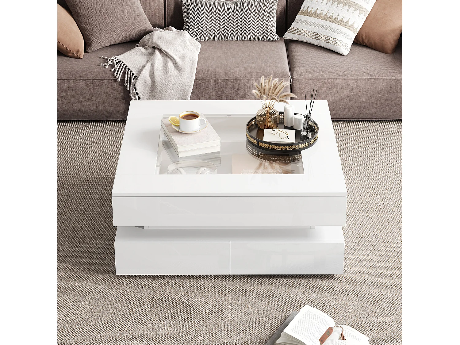 Couchtisch 70x70x35 cm - mit LED-Beleuchtung - 3 Schubladen - Glasplatte - Hochglanzlackierung - Weiß