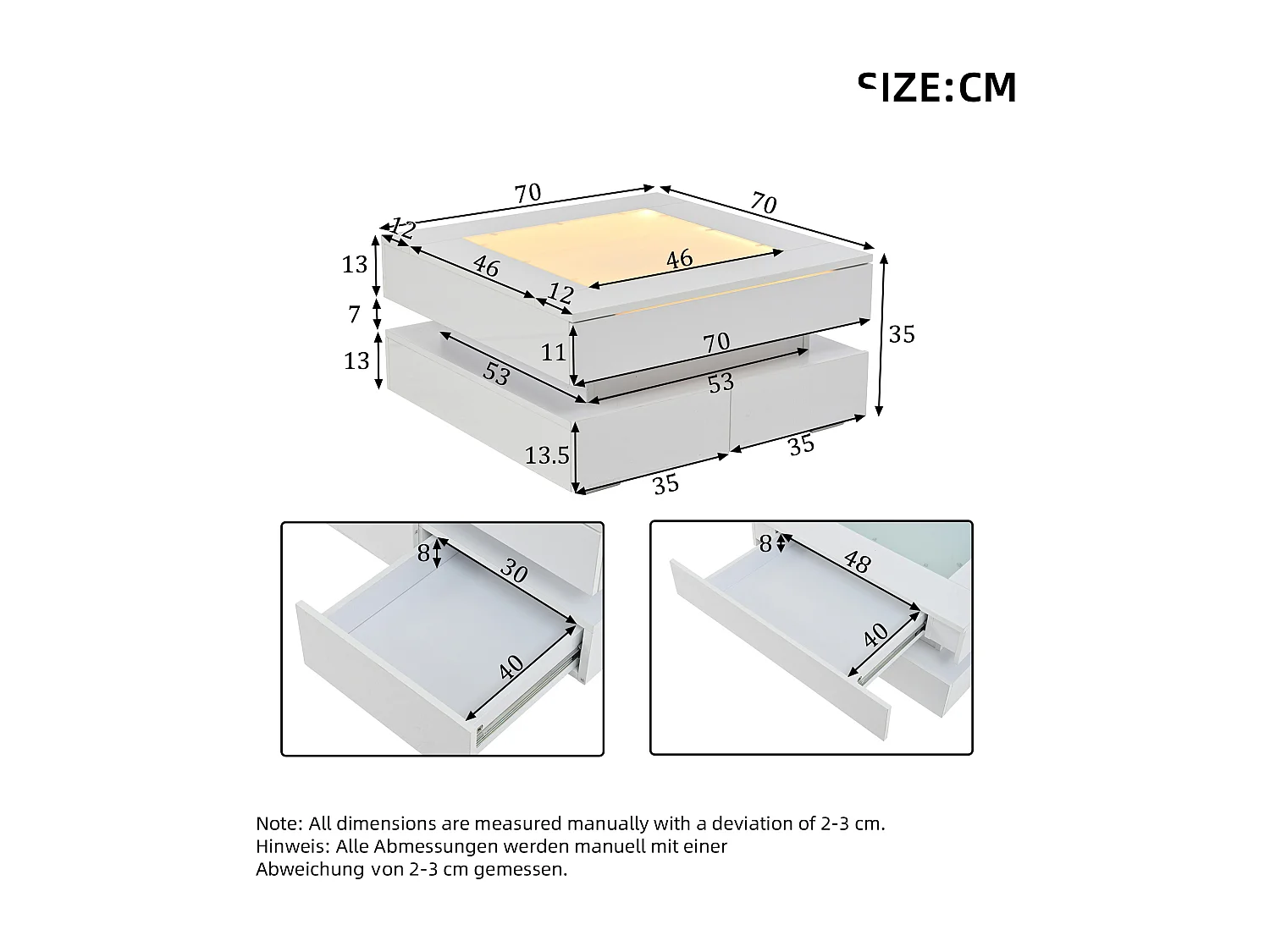 Couchtisch 70x70x35 cm - mit LED-Beleuchtung - 3 Schubladen - Glasplatte - Hochglanzlackierung - Weiß