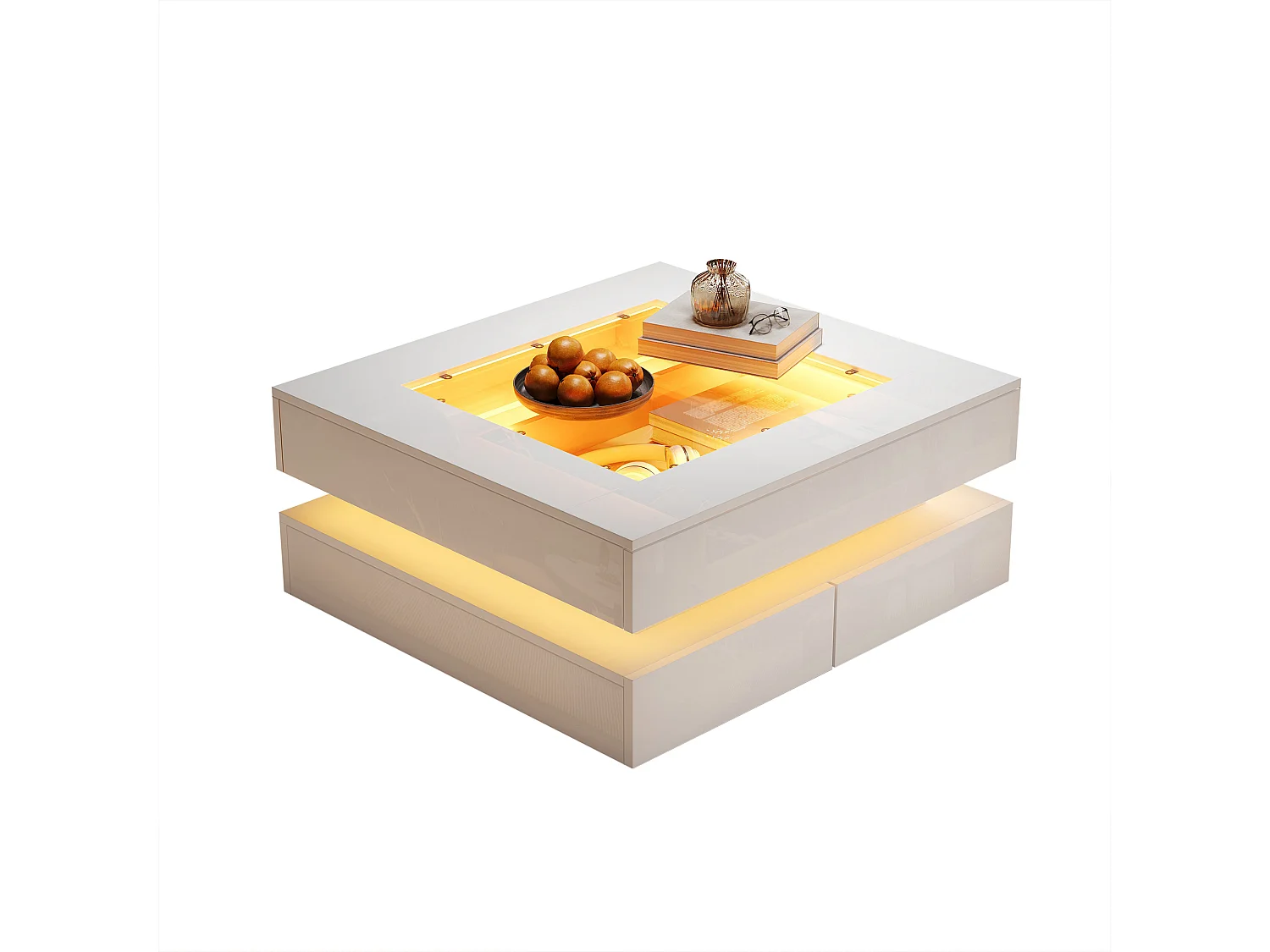 Couchtisch 70x70x35 cm - mit LED-Beleuchtung - 3 Schubladen - Glasplatte - Hochglanzlackierung - Weiß