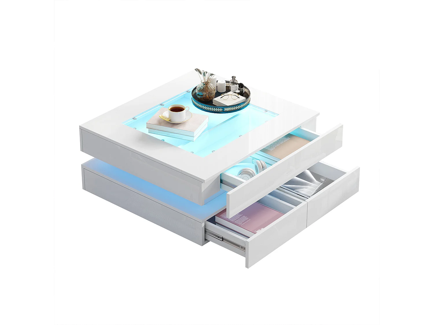 Couchtisch 70x70x35 cm - mit LED-Beleuchtung - 3 Schubladen - Glasplatte - Hochglanzlackierung - Weiß
