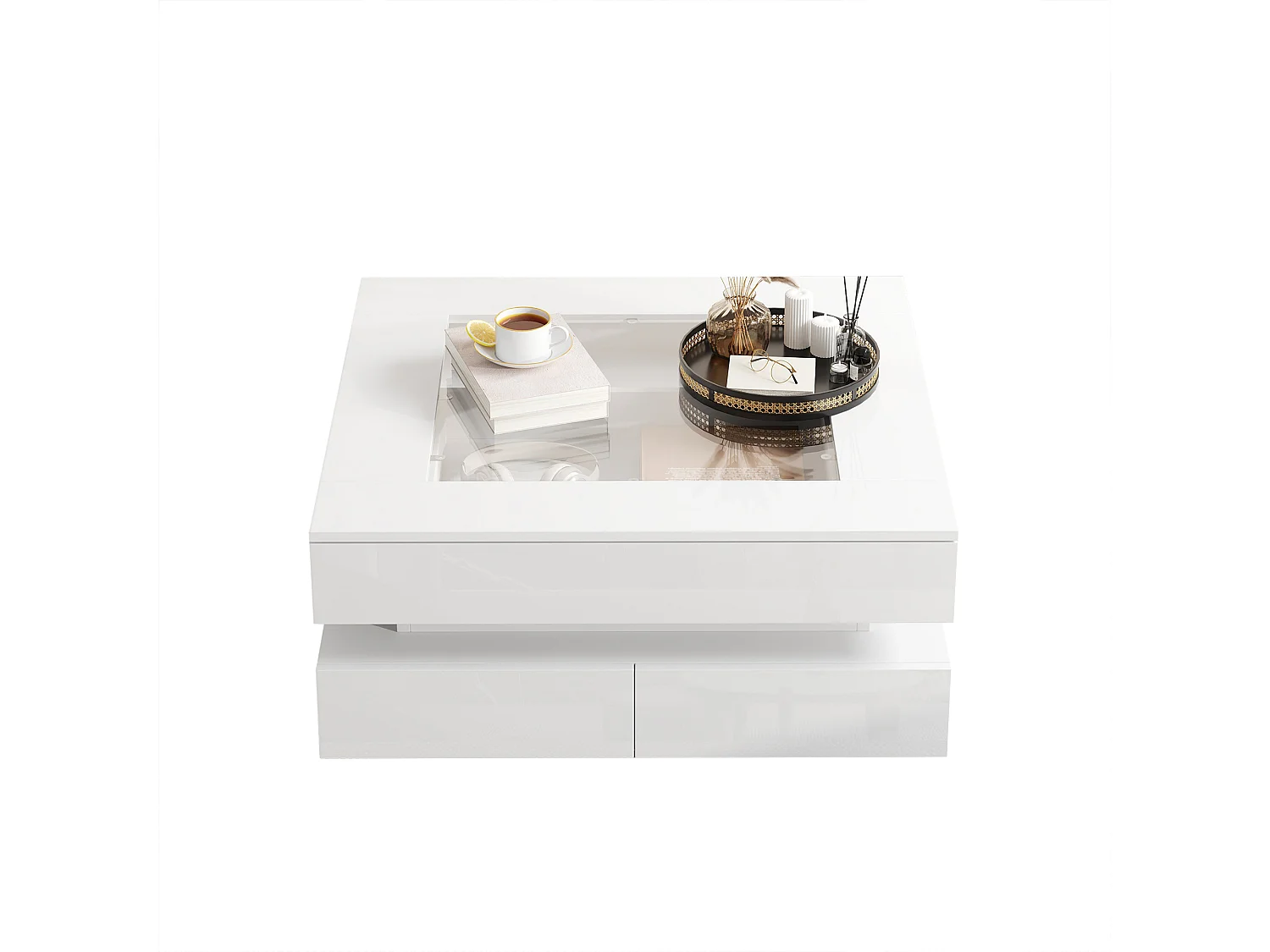 Couchtisch 70x70x35 cm - mit LED-Beleuchtung - 3 Schubladen - Glasplatte - Hochglanzlackierung - Weiß