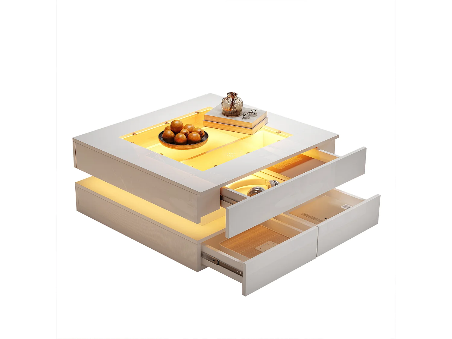 Couchtisch 70x70x35 cm - mit LED-Beleuchtung - 3 Schubladen - Glasplatte - Hochglanzlackierung - Weiß