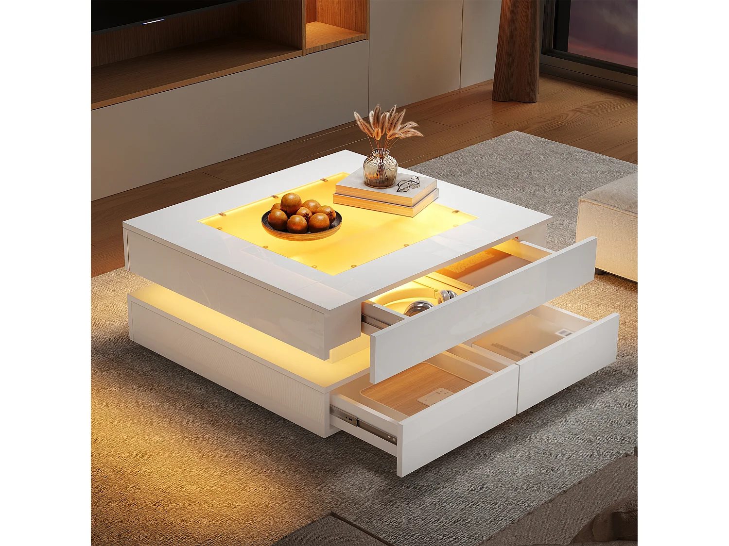 Table basse 70x70x35 cm - avec éclairage LED - 3 tiroirs - Plateau en verre - Finition laquée brillante - Blanc