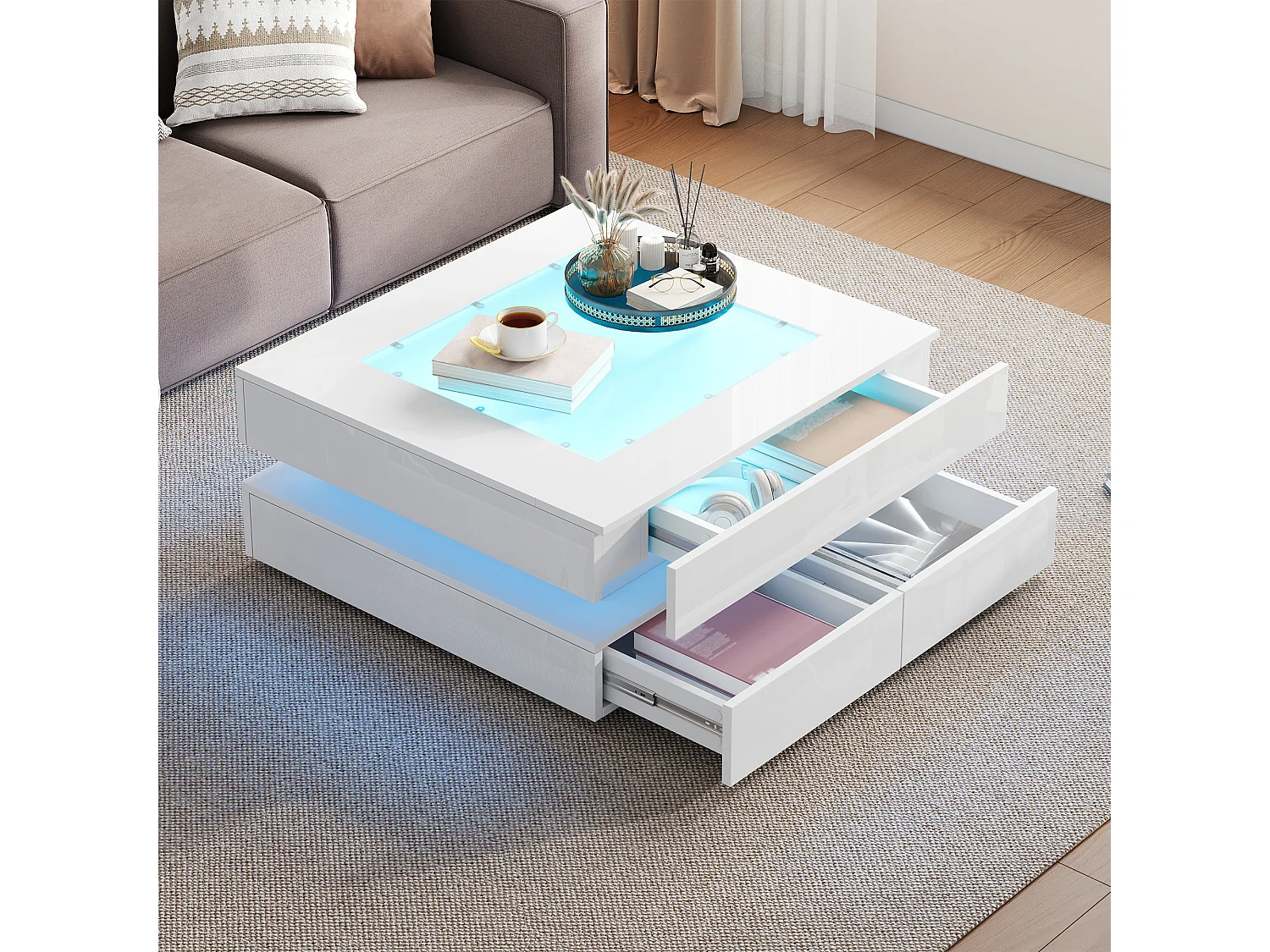 Table basse 70x70x35 cm - avec éclairage LED - 3 tiroirs - Plateau en verre - Finition laquée brillante - Blanc