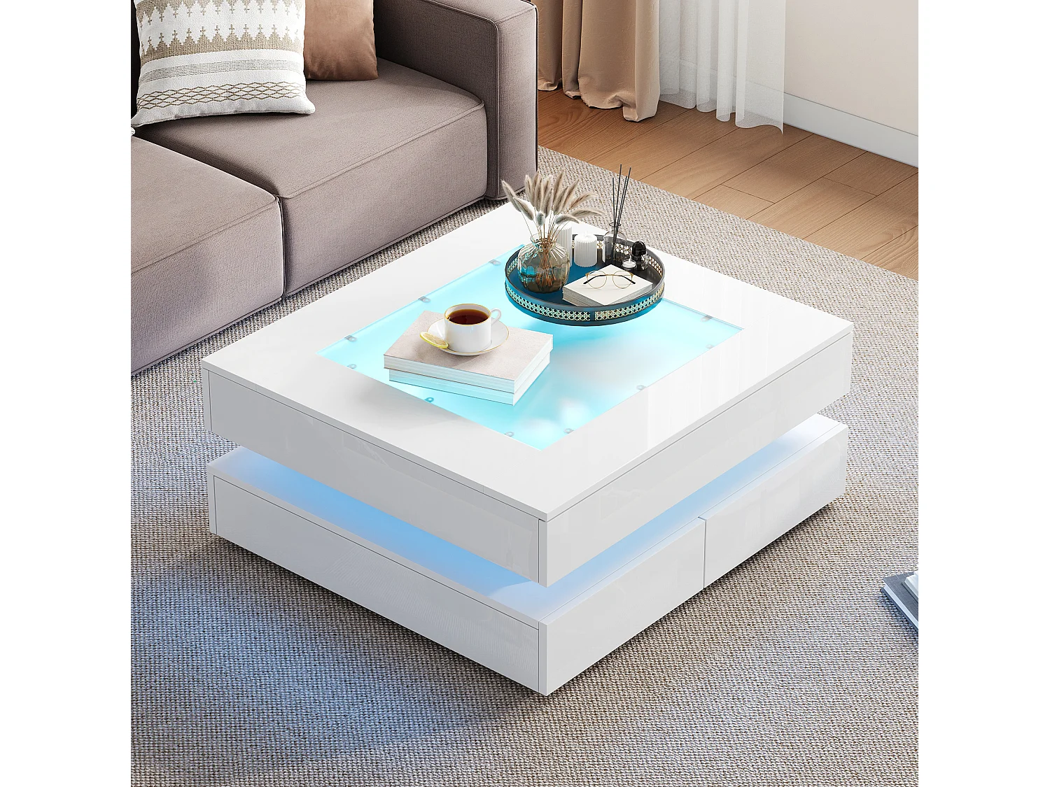 Table basse 70x70x35 cm - avec éclairage LED - 3 tiroirs - Plateau en verre - Finition laquée brillante - Blanc