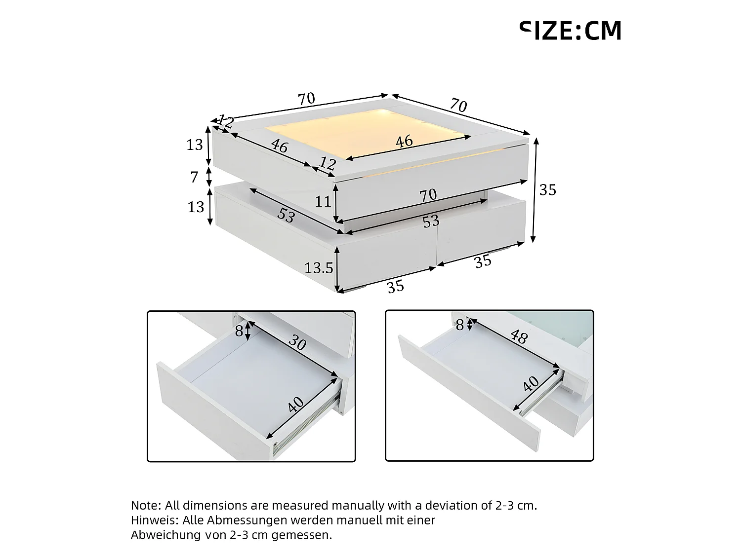 Table basse 70x70x35 cm - avec éclairage LED - 3 tiroirs - Plateau en verre - Finition laquée brillante - Blanc