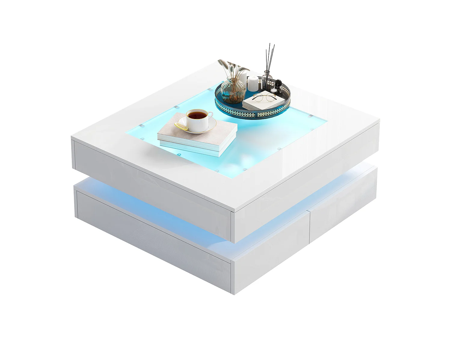 Table basse 70x70x35 cm - avec éclairage LED - 3 tiroirs - Plateau en verre - Finition laquée brillante - Blanc