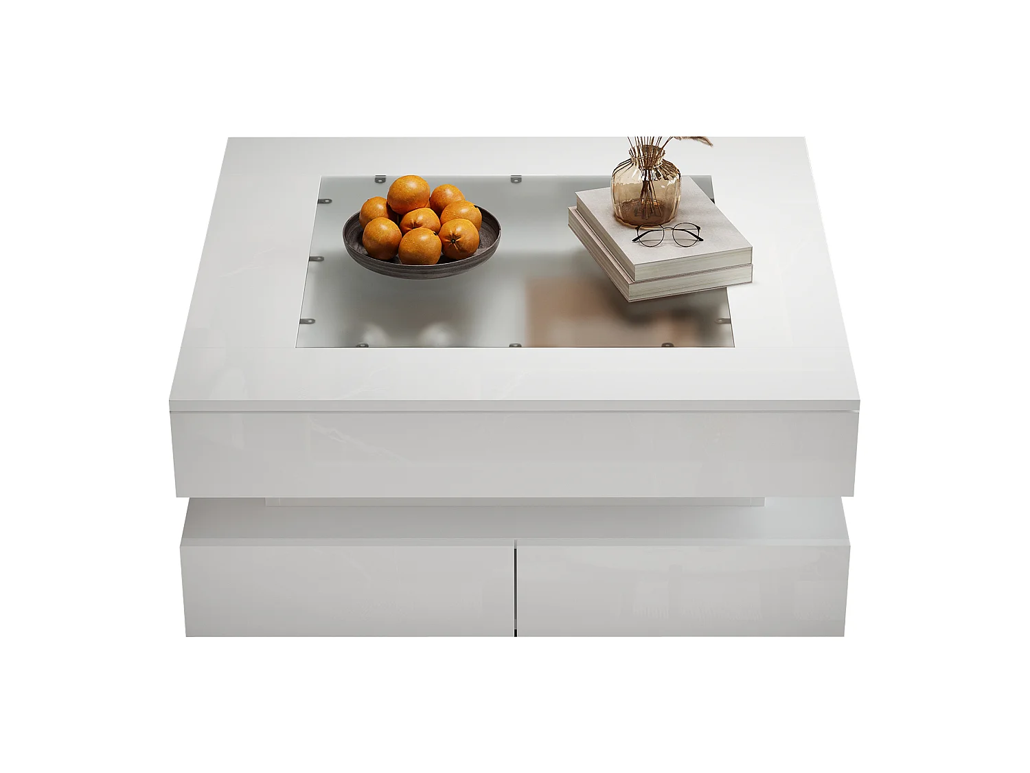 Table basse 70x70x35 cm - avec éclairage LED - 3 tiroirs - Plateau en verre - Finition laquée brillante - Blanc