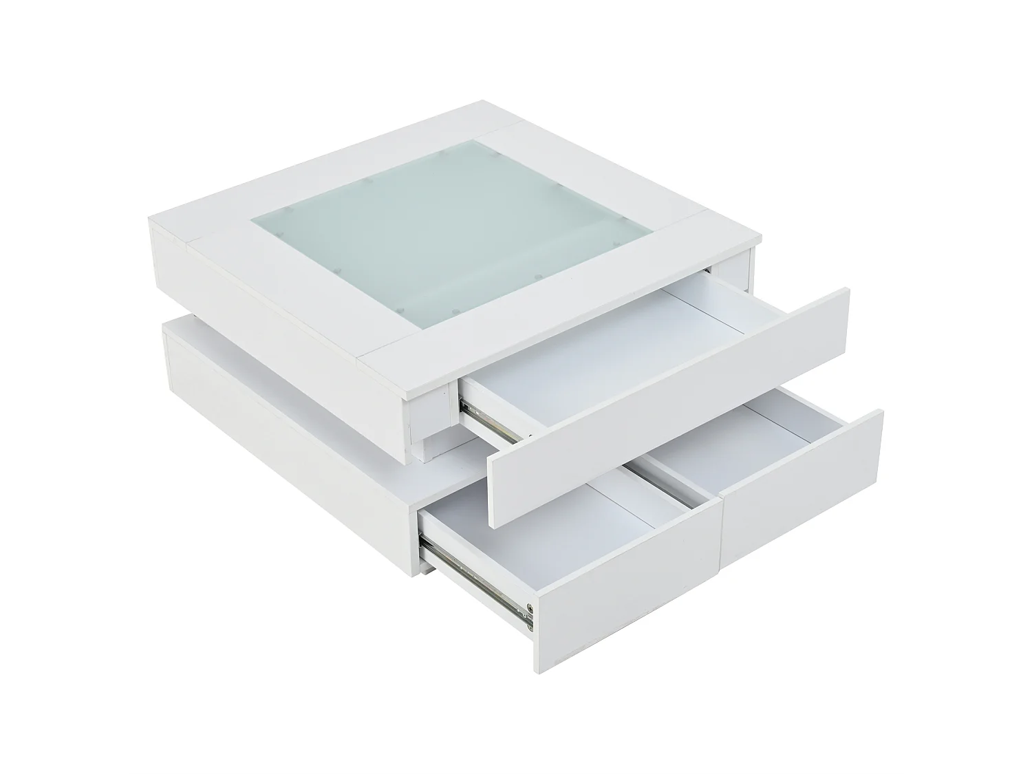 Table basse 70x70x35 cm - avec éclairage LED - 3 tiroirs - Plateau en verre - Finition laquée brillante - Blanc