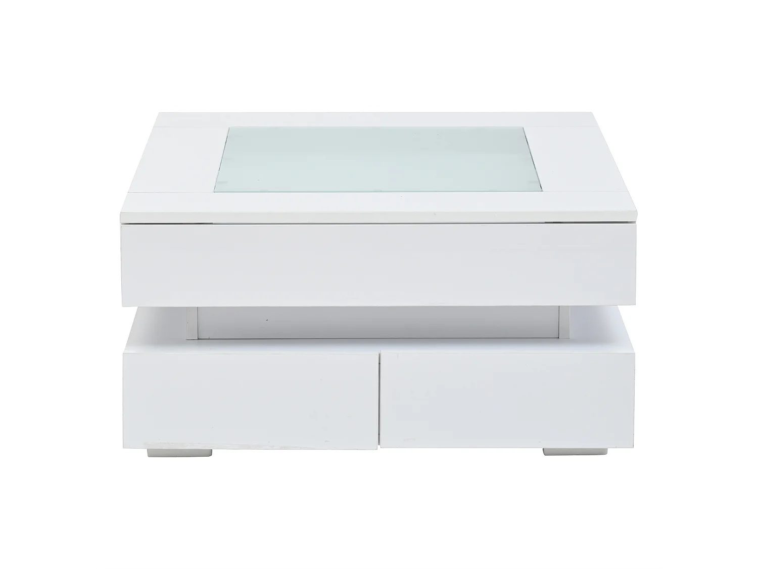 Table basse 70x70x35 cm - avec éclairage LED - 3 tiroirs - Plateau en verre - Finition laquée brillante - Blanc