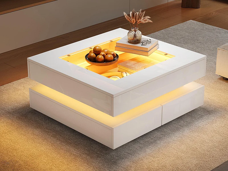 Couchtisch 70x70x35 cm - mit LED-Beleuchtung - 3 Schubladen - Glasplatte - Hochglanzlackierung - Weiß
