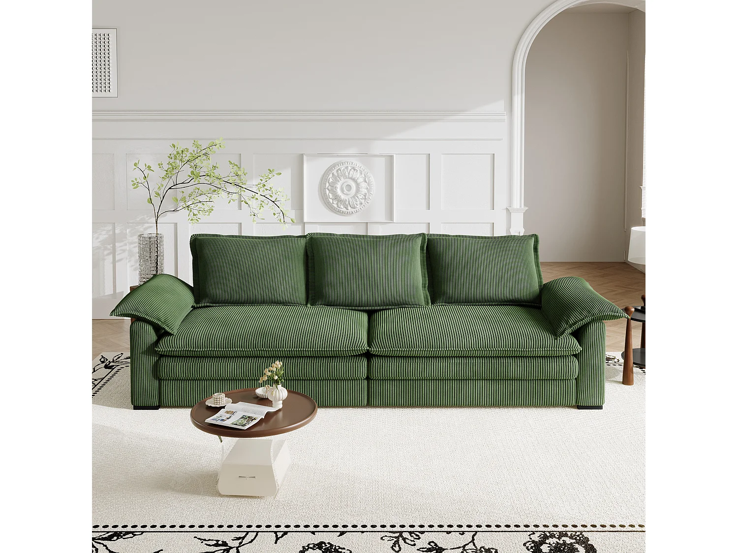 Sofá 3 lugares em veludo cotelê, com 2 almofadas de braço, removíveis e laváveis, 265x86x88cm, Preto