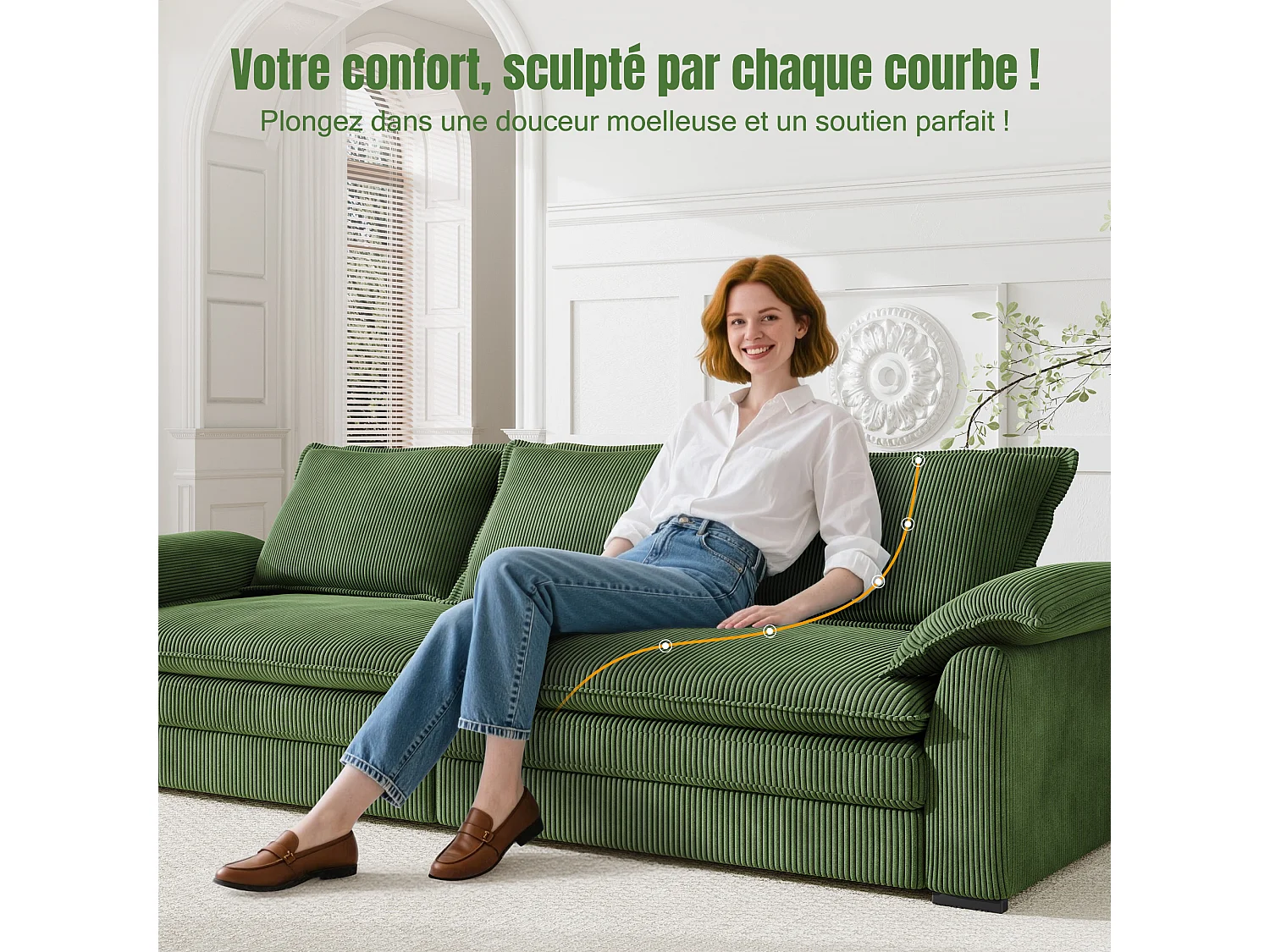 Sofá 3 lugares em veludo cotelê, com 2 almofadas de braço, removíveis e laváveis, 265x86x88cm, Preto