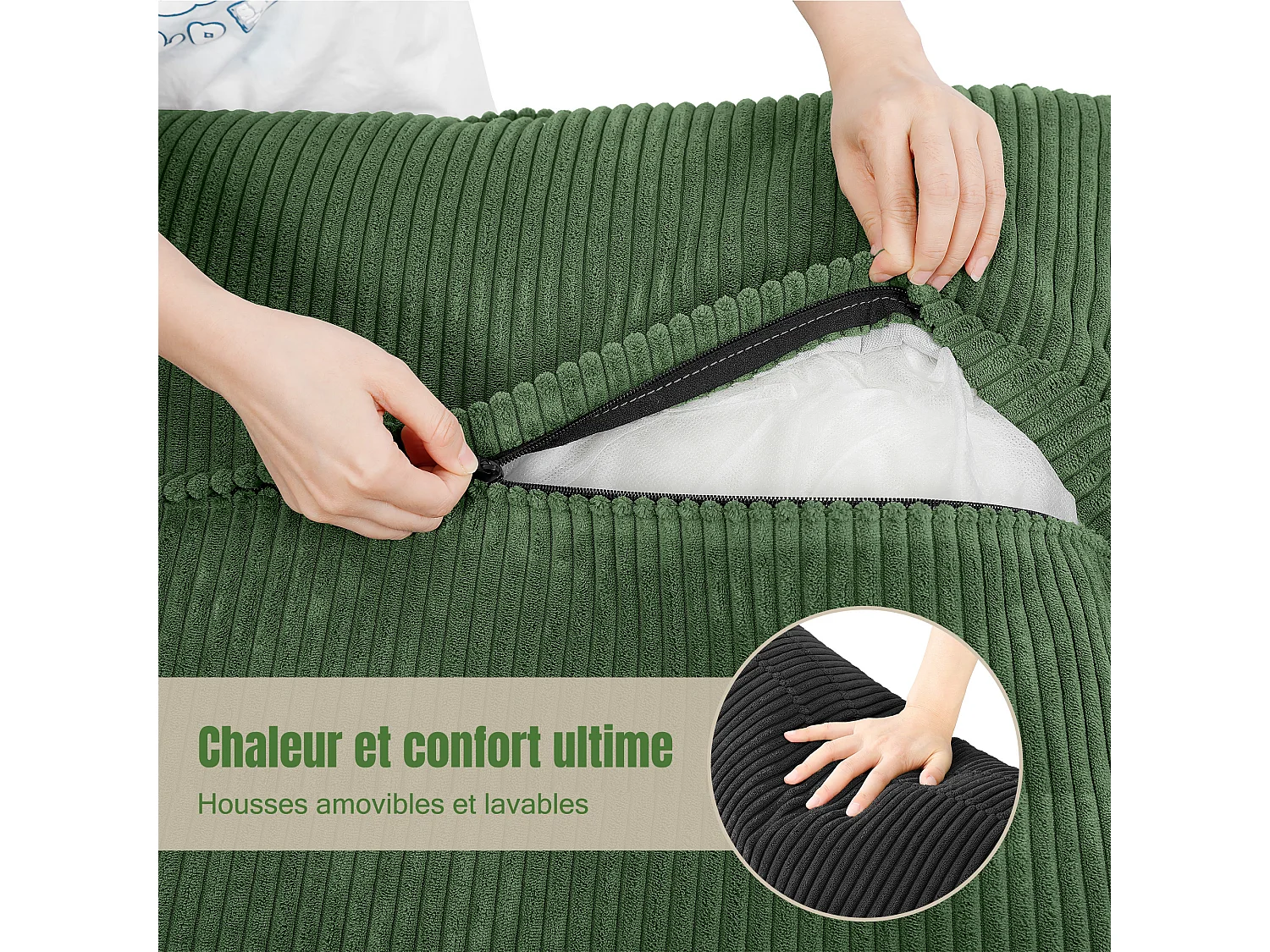 Sofá 3 lugares em veludo cotelê, com 2 almofadas de braço, removíveis e laváveis, 265x86x88cm, Preto