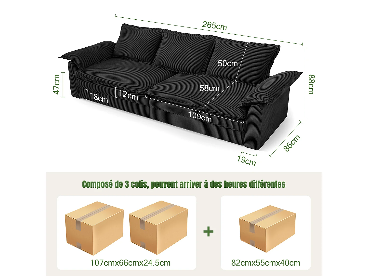 Sofa 3-sitzig in Rippvelours, mit 2 Armlehnkissen, abnehmbar und waschbar, 265x86x88cm, Schwarz