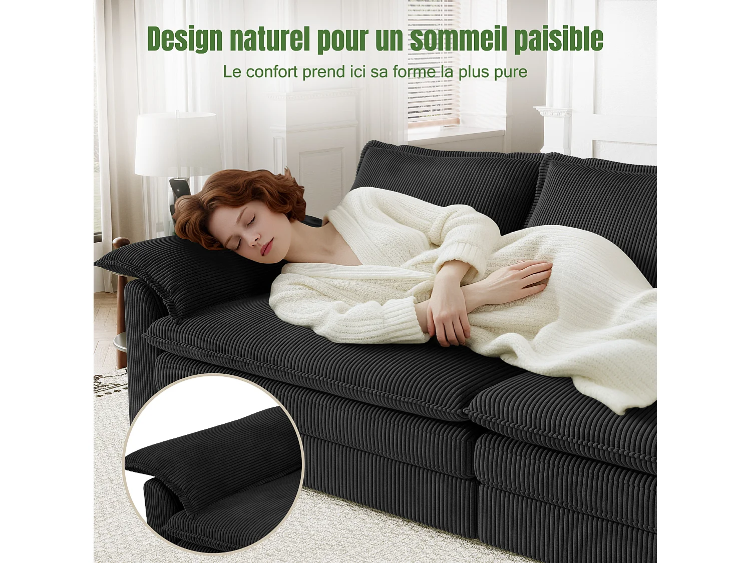 Sofa 3-sitzig in Rippvelours, mit 2 Armlehnkissen, abnehmbar und waschbar, 265x86x88cm, Schwarz