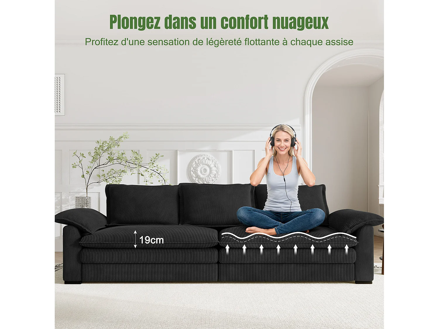 Sofa 3-sitzig in Rippvelours, mit 2 Armlehnkissen, abnehmbar und waschbar, 265x86x88cm, Schwarz