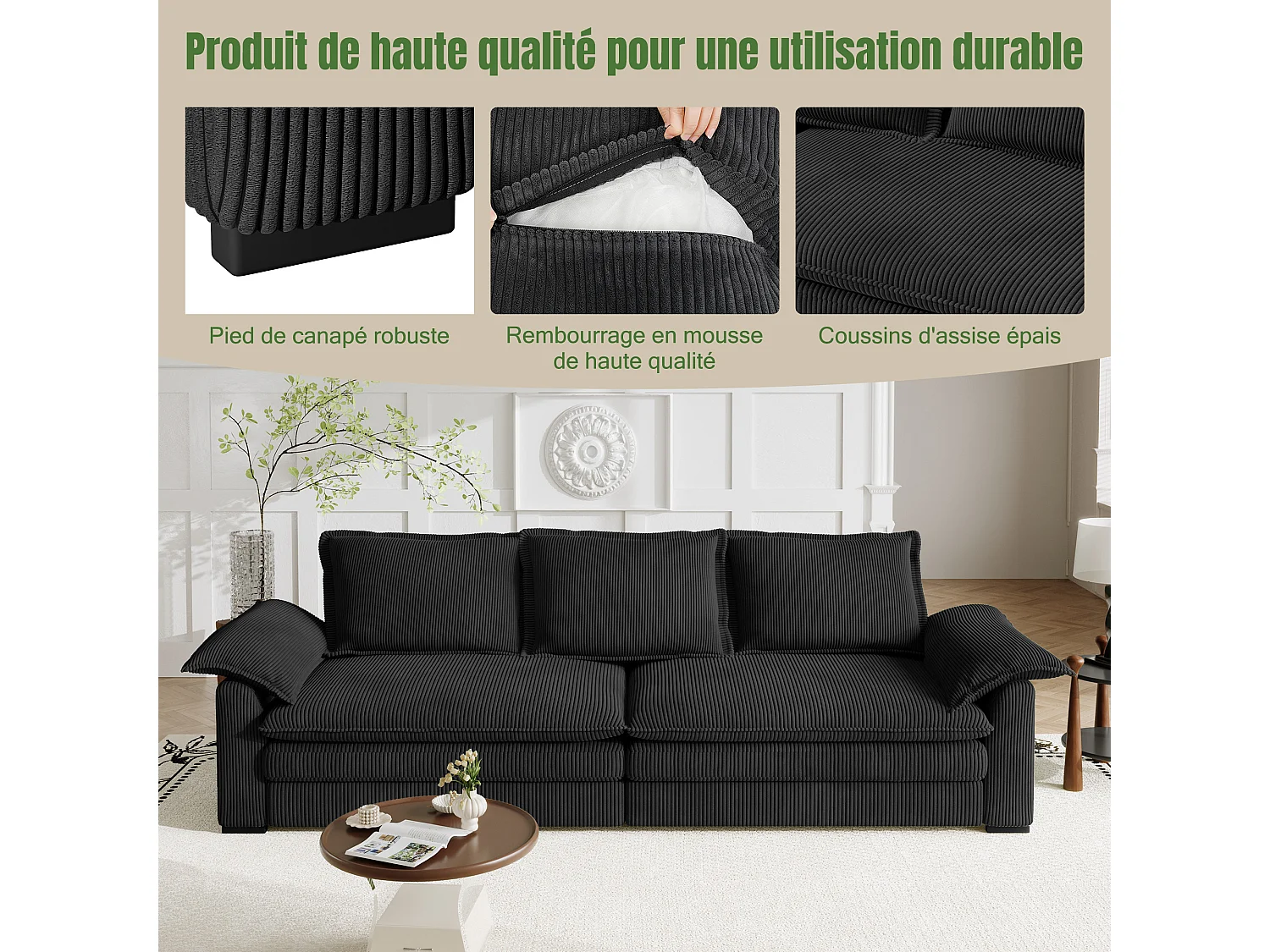 Sofa 3-sitzig in Rippvelours, mit 2 Armlehnkissen, abnehmbar und waschbar, 265x86x88cm, Schwarz