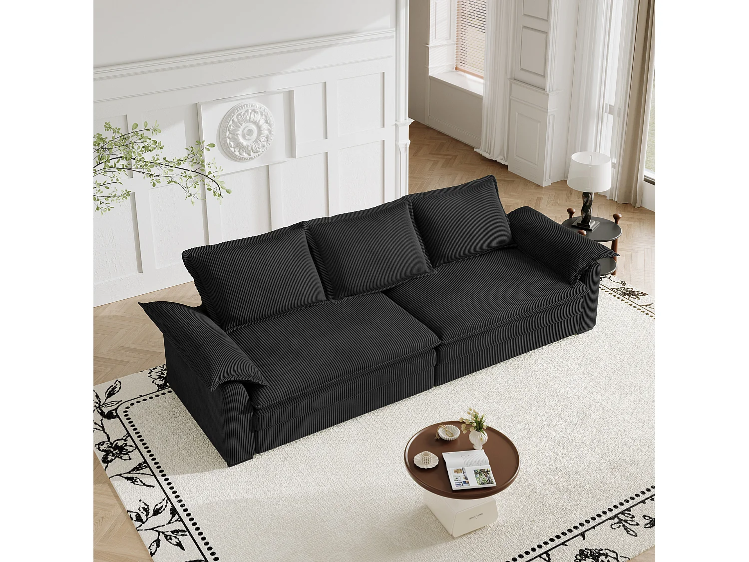 Sofa 3-sitzig in Rippvelours, mit 2 Armlehnkissen, abnehmbar und waschbar, 265x86x88cm, Schwarz