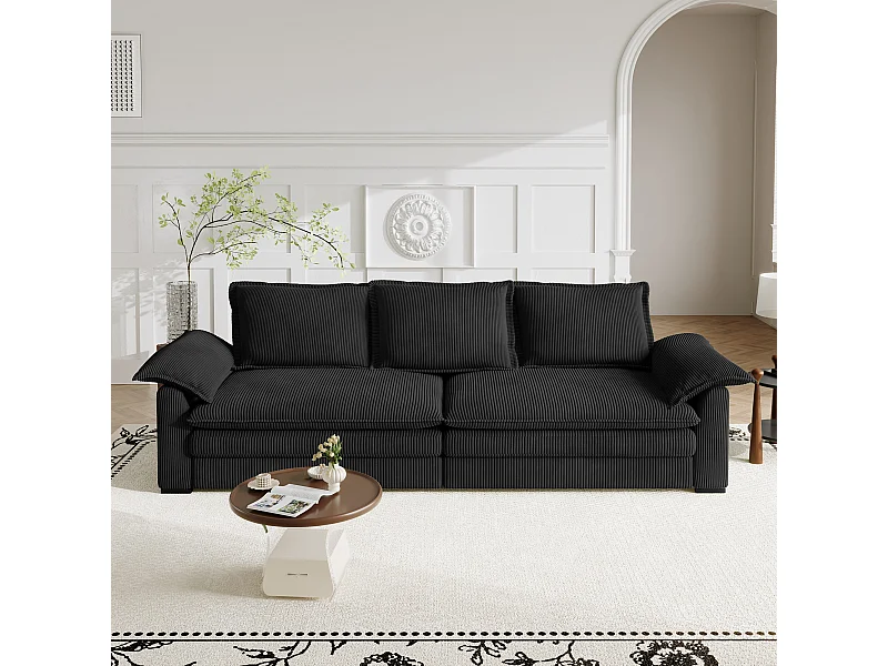Sofa 3-sitzig in Rippvelours, mit 2 Armlehnkissen, abnehmbar und waschbar, 265x86x88cm, Schwarz