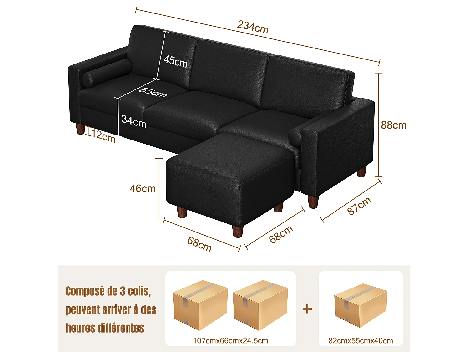 Canapé 3 places en simili, avec pouf et 2 oreillers rond, cadre en bois, 234x155x88cm, Noir