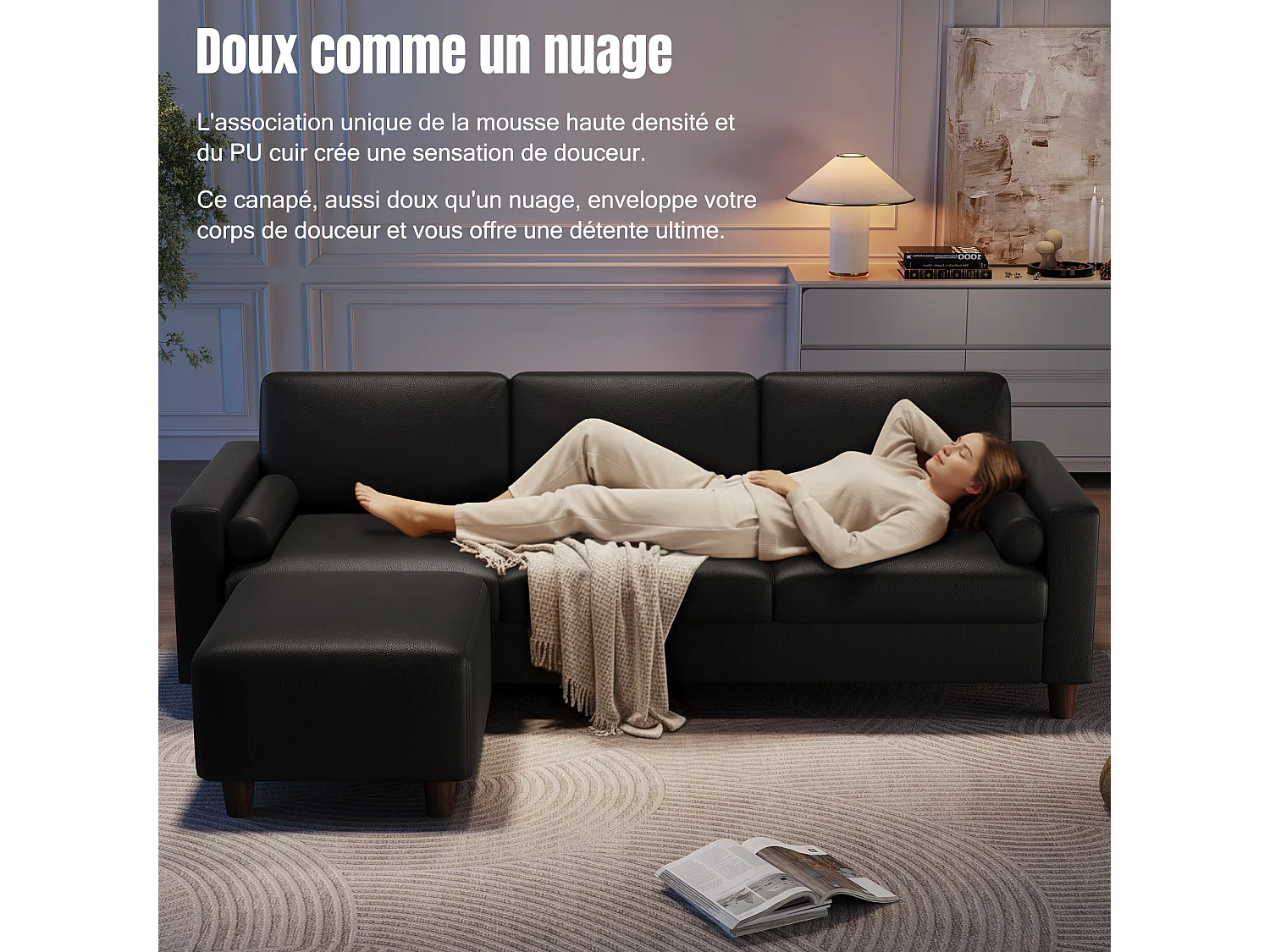 Canapé 3 places en simili, avec pouf et 2 oreillers rond, cadre en bois, 234x155x88cm, Noir