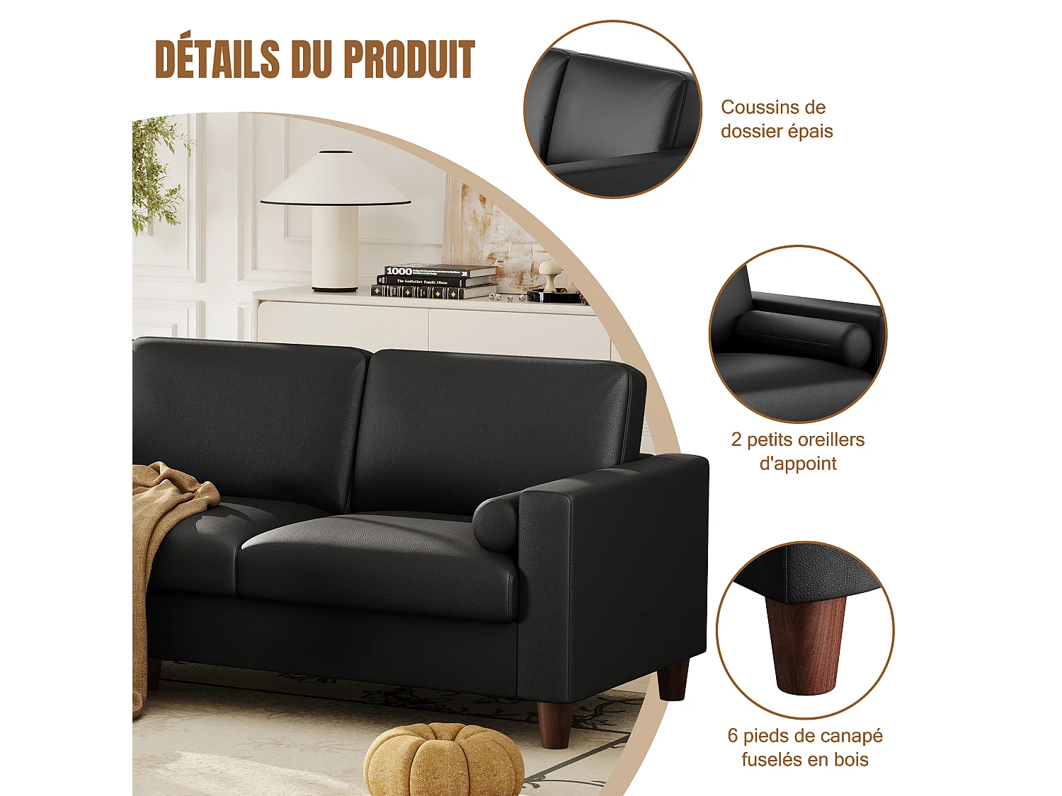 Canapé 3 places en simili, avec pouf et 2 oreillers rond, cadre en bois, 234x155x88cm, Noir