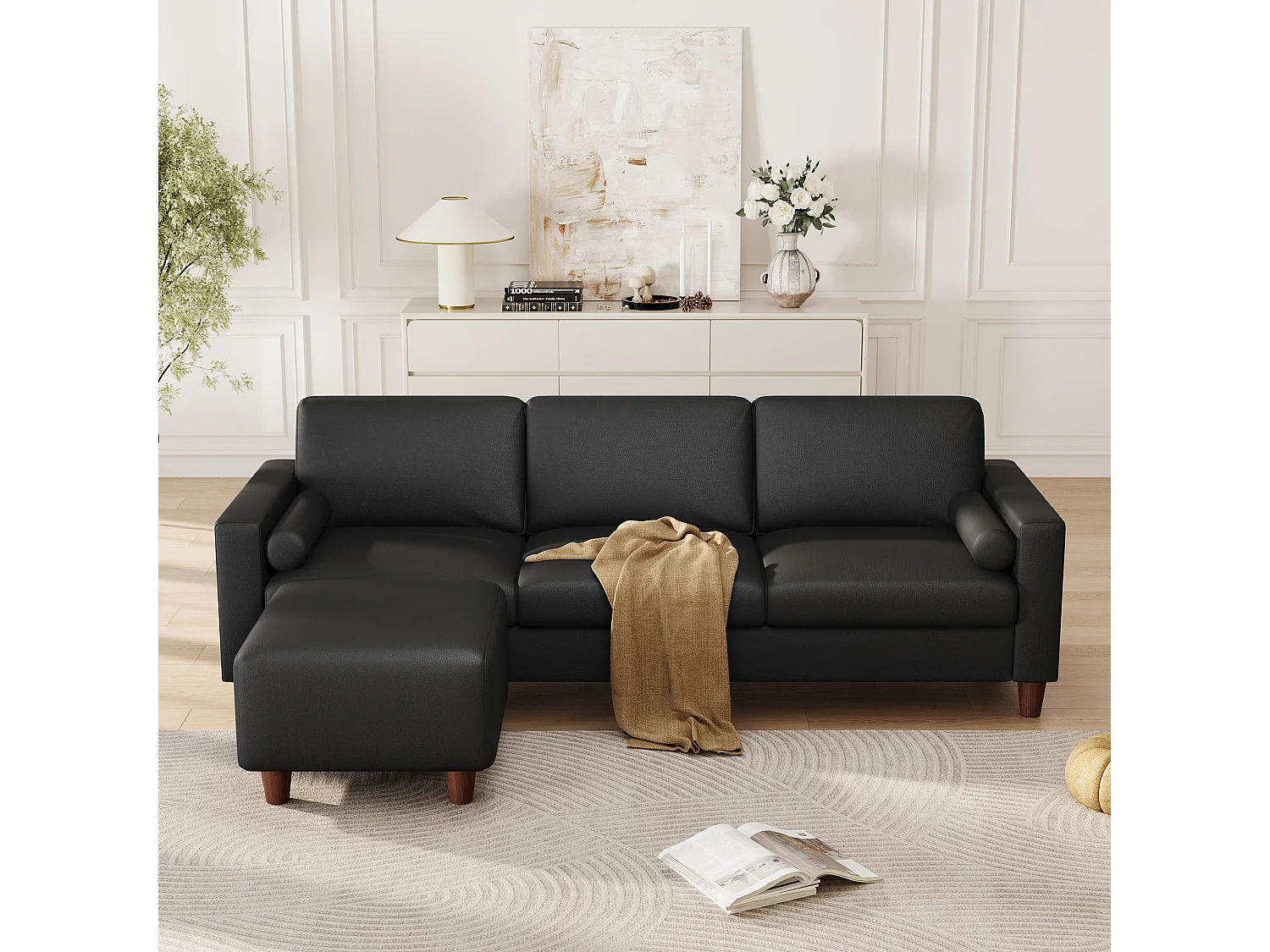 Canapé 3 places en simili, avec pouf et 2 oreillers rond, cadre en bois, 234x155x88cm, Noir