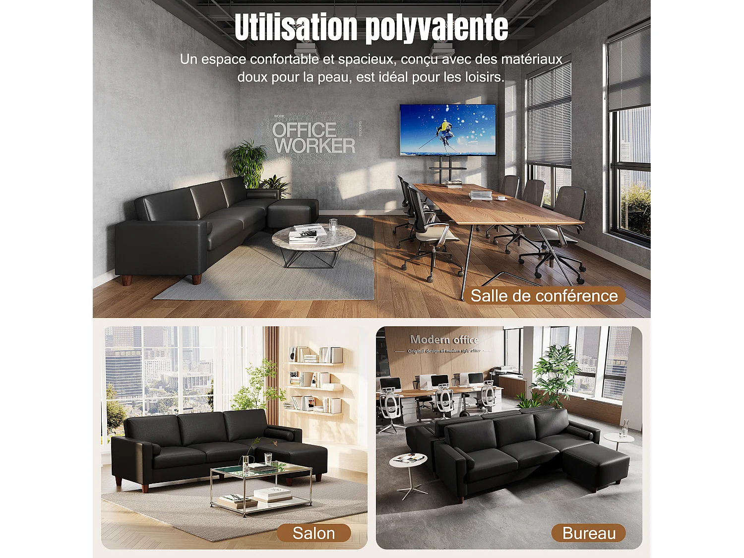 Canapé 3 places en simili, avec pouf et 2 oreillers rond, cadre en bois, 234x155x88cm, Noir