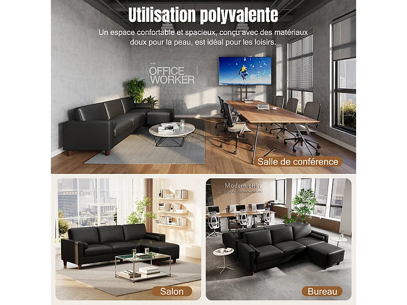 Canapé 3 places en simili, avec pouf et 2 oreillers rond, cadre en bois, 234x155x88cm, Noir