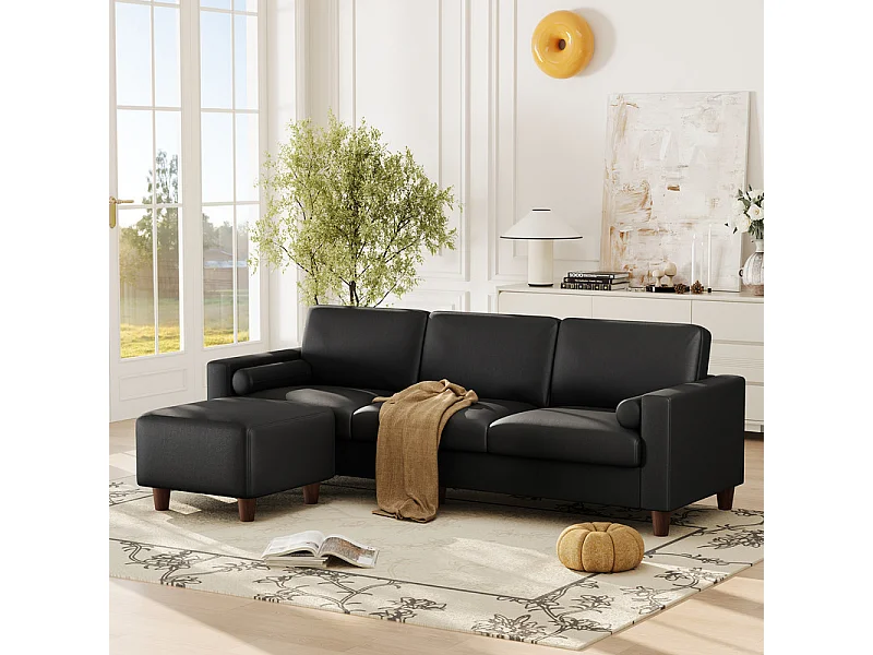 Canapé 3 places en simili, avec pouf et 2 oreillers rond, cadre en bois, 234x155x88cm, Noir