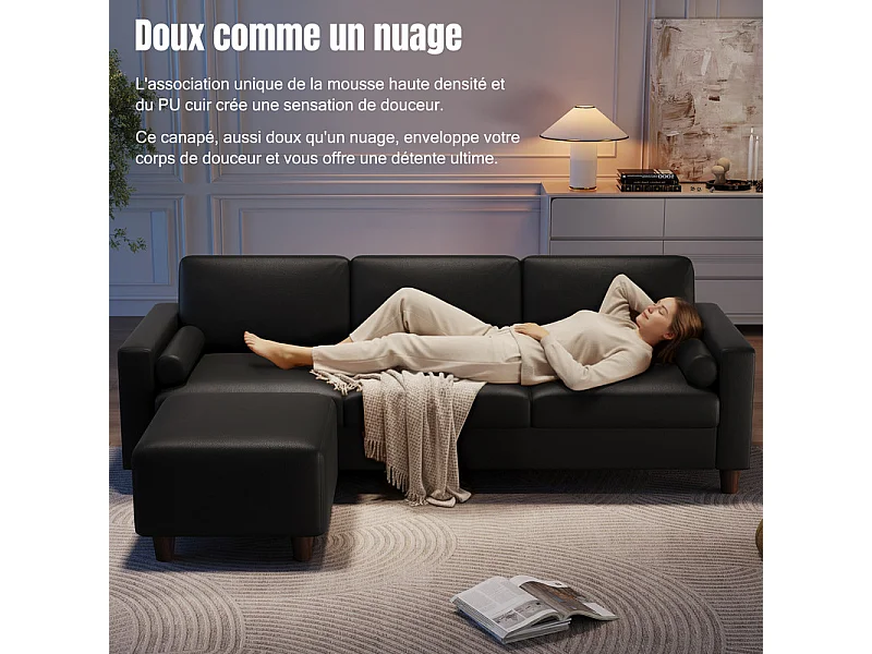 Canapé 3 places en simili, avec pouf et 2 oreillers rond, cadre en bois, 234x155x88cm, Noir