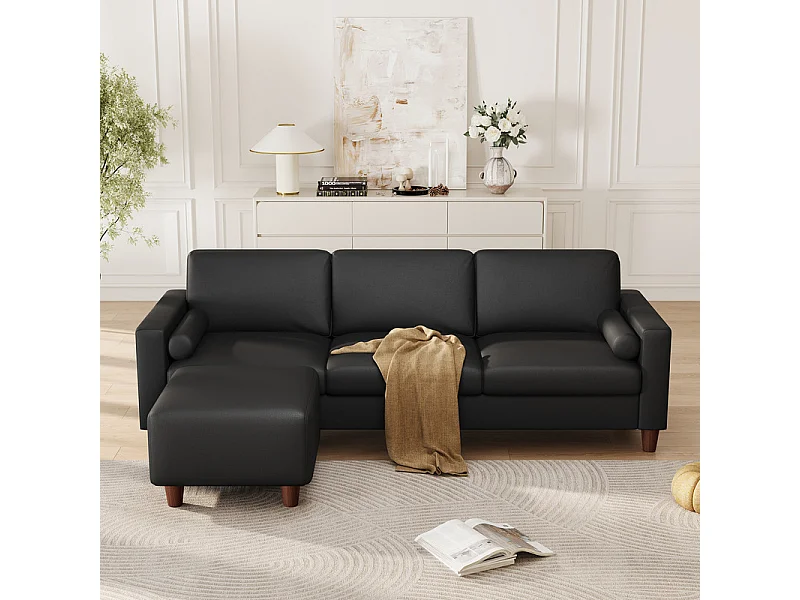 Canapé 3 places en simili, avec pouf et 2 oreillers rond, cadre en bois, 234x155x88cm, Noir