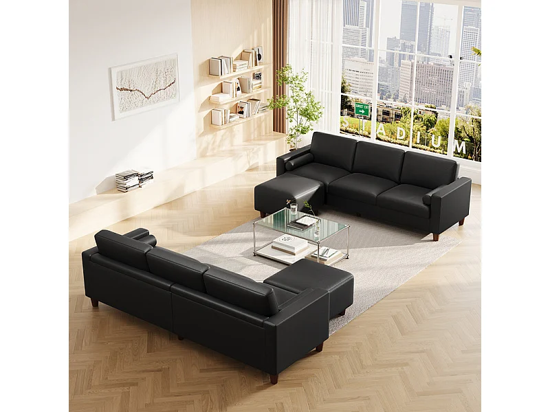 Canapé 3 places en simili, avec pouf et 2 oreillers rond, cadre en bois, 234x155x88cm, Noir