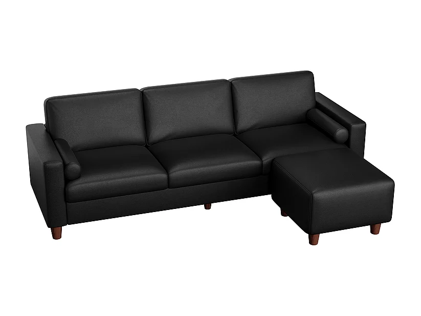 Canapé 3 places en simili, avec pouf et 2 oreillers rond, cadre en bois, 234x155x88cm, Noir