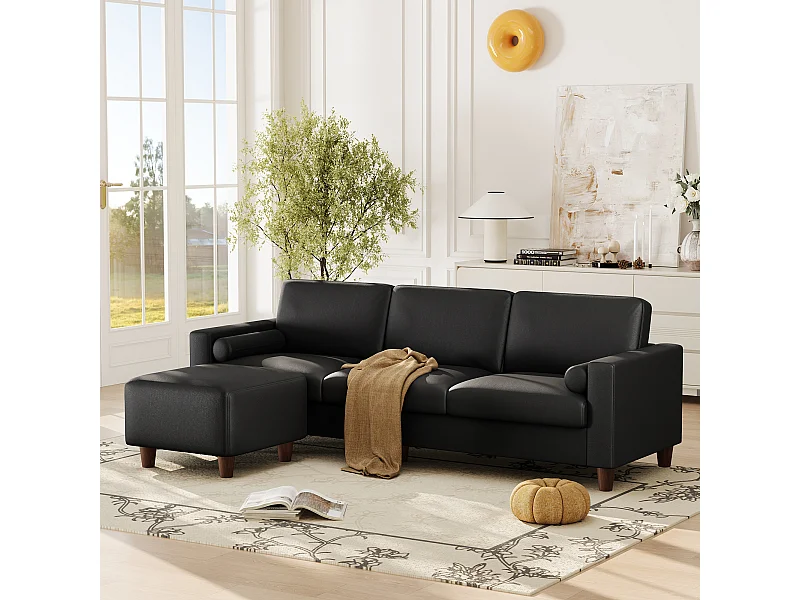 Divano 3 posti in similpelle, con pouf e 2 cuscini rotondi, struttura in legno, 234x155x88cm, Nero