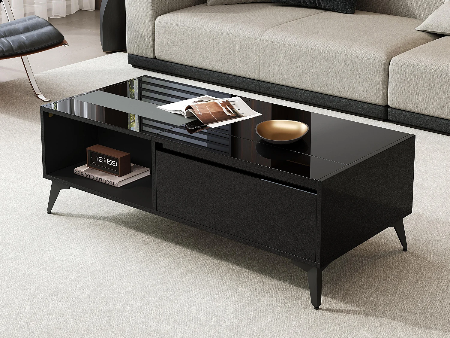Nowoczesna stolik kawowy regulowany 110x50x48 cm - z przegródką do przechowywania - Otwarte półki - Czarny