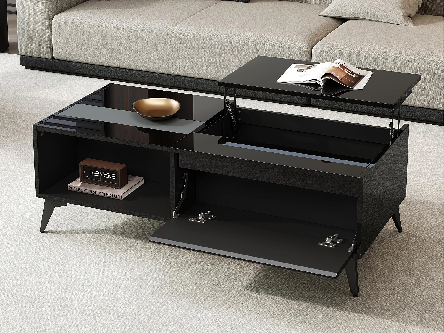 Nowoczesna stolik kawowy regulowany 110x50x48 cm - z przegródką do przechowywania - Otwarte półki - Czarny