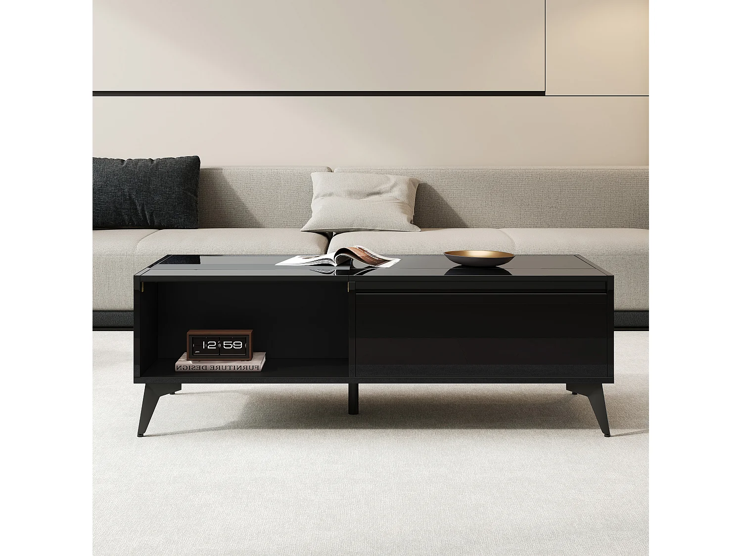 Nowoczesna stolik kawowy regulowany 110x50x48 cm - z przegródką do przechowywania - Otwarte półki - Czarny