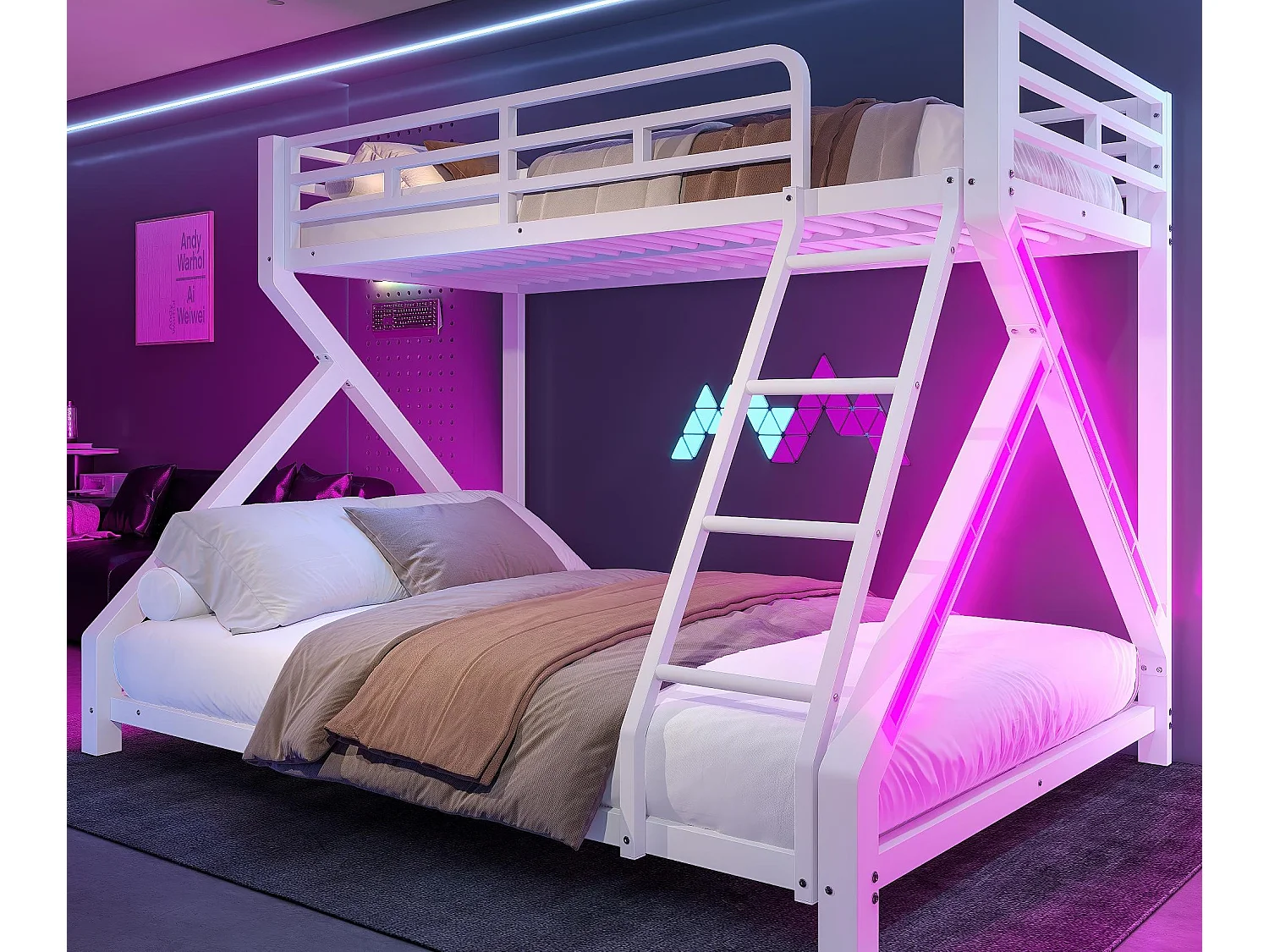 Łóżko piętrowe 90x200cm + 140x200cm - konstrukcja stalowa - z LED - z barierkami bezpieczeństwa i drabiną - biały​ (materac nie jest wliczony w cenę)