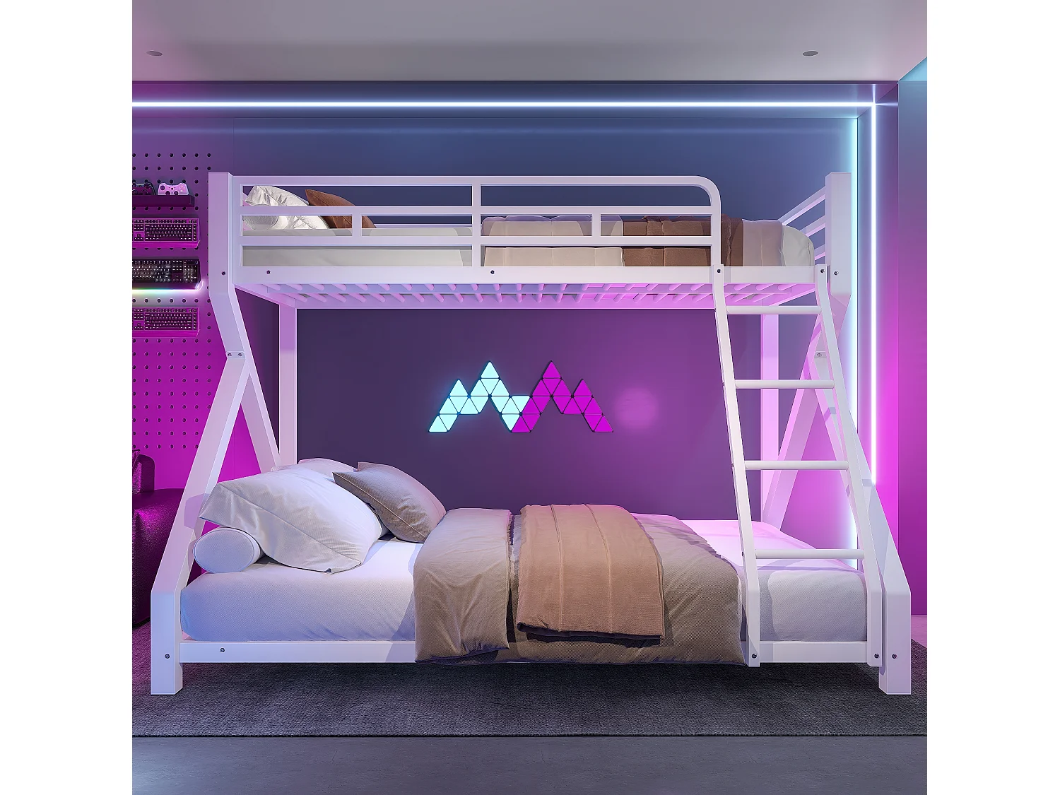 Łóżko piętrowe 90x200cm + 140x200cm - konstrukcja stalowa - z LED - z barierkami bezpieczeństwa i drabiną - biały​ (materac nie jest wliczony w cenę)