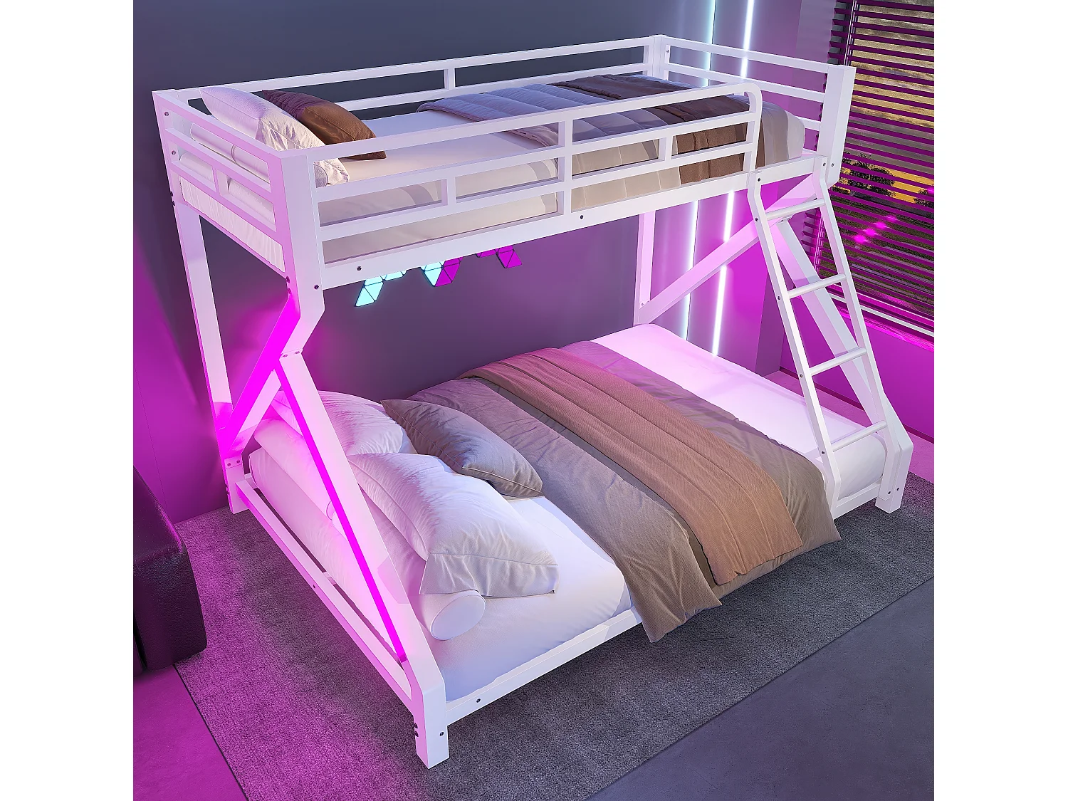 Łóżko piętrowe 90x200cm + 140x200cm - konstrukcja stalowa - z LED - z barierkami bezpieczeństwa i drabiną - biały​ (materac nie jest wliczony w cenę)